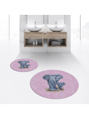 PremiumPort Yıkanabilir Çiftli Dijital Baskılı Yuvarlak Banyo Paspası Takımı