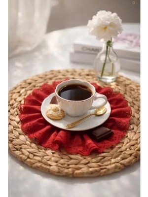 Esmo Home Nurgita Home Fırfırlı Fistolu Duck Keten Kahve Sunum Peçetesi & Kokteyl Peçete & Bardak Altlığı (Kırmızı)