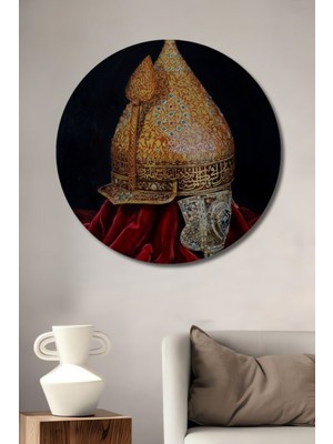Özgürce Yuvarlak Altın Islami Savaşçı Kaskı Ahşap Dekoratif Tablo