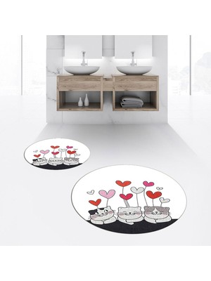 PremiumPort Yıkanabilir Dijital Baskılı Yuvarlak Ikili Banyo Paspas Klozet Takımı