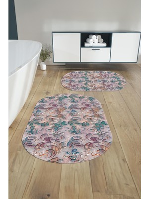 Özgürce Dijital Desenli Yıkanabilir Oval Banyo Paspası ve Klozet Takımı