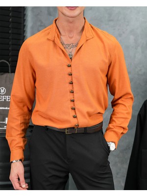 Modefendicom Ham Keten Metal Düğme Gömlek