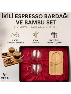 Vera Çift Cidarlı Espresso Bardağı Seti (2’li) – Bambu Altlık Sunum & Hediyelik Metal Saklama Kutulu