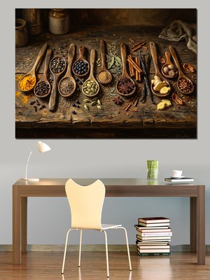 Özgürce Mutfak Dekoratif Kanvas Tablo, Baharatlar ve Kaşıklar Tasarımı
