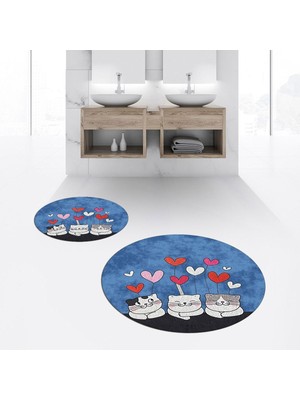 PremiumPort Yıkanabilir Dijital Baskılı Yuvarlak Ikili Banyo Paspas Klozet Takımı