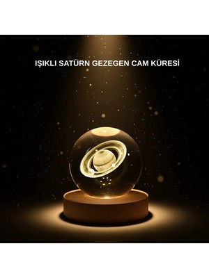 Urfakent Ahşap Tabanlı 3D Satürn Kristal Küre Atmosfer Lambası