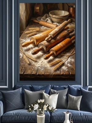 Özgürce Ahşap Masa Dekoru, Merdane ve Buğday Temalı Kanvas Tablo