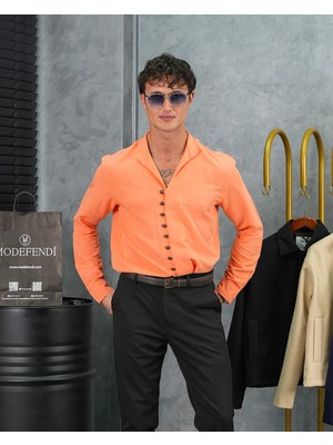 Modefendicom Ham Keten Metal Düğme Gömlek