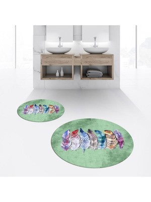 PremiumPort Yıkanabilir Yuvarlak Banyo Paspası ve Klozet Takımı, Yeşil