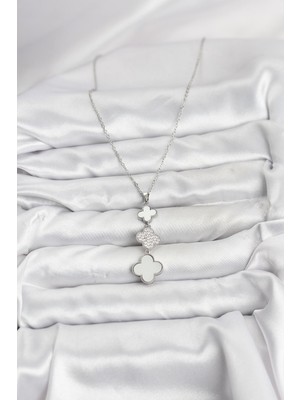 Ronanna 316L Çelik Zincir Gümüş Renk Yonca Detaylı Zirkon Taşlı Kadın Kolye - Lisinya