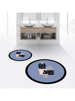 PremiumPort Yıkanabilir Dijital Baskılı Yuvarlak Ikili Banyo Paspas Takımı Mavi