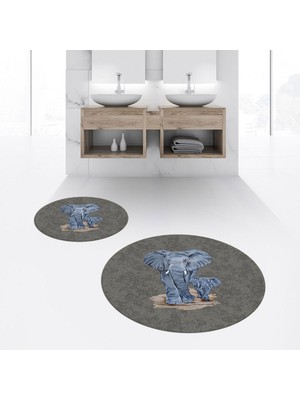 PremiumPort Yıkanabilir Dijital Baskılı Yuvarlak Ikili Banyo Paspas Klozet Takımı