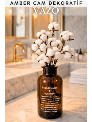 Özgürce Şık Amber Cam Vazo ve Pamuk Çiçeği Dekorasyon Seti