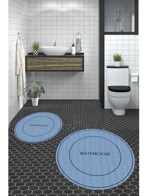 PremiumPort Yıkanabilir Dijital Baskılı Yuvarlak Banyo Paspası Klozet Takımı Mavi