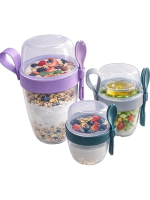 Esmo Home Beylini 3 Lü Set Taşınabilir Kaşık+Çatal Kapaklı Yoğurt Müsli Granola Yemek Diyet Saklama Kabı Take And Go Bardak Kahvaltı Salata Hazırla Çık