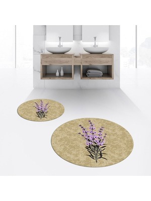 PremiumPort Yıkanabilir Dijital Baskılı Yuvarlak Ikili Banyo Paspası Klozet Takımı