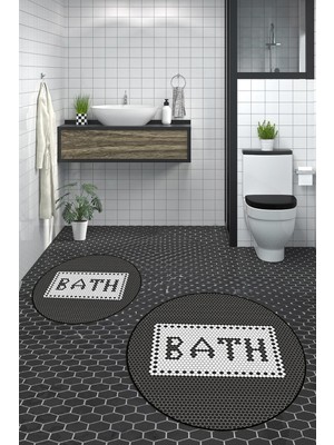 PremiumPort Dijital Mozaik Desenli Yuvarlak Banyo Paspası ve Klozet Takımı Seti