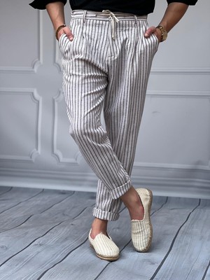Modefendicom Linen Kumaş Çizgi Detaylı Pantolon