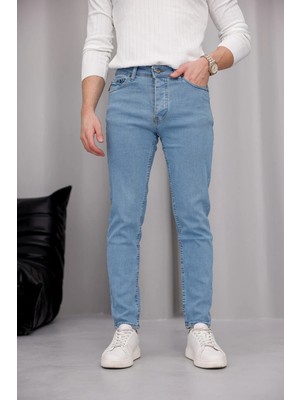 Modamesto Erkek Açık Mavi Slim Fit Likralı Dar Paça Kot Pantolon
