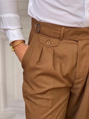 Modefendicom Kuşak Toka Detaylı Kuş Gözü Desen Pileli Pantolon