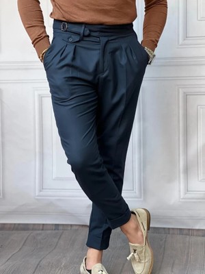 Modefendicom Kuşak Toka Detaylı Kuş Gözü Desen Pileli Pantolon