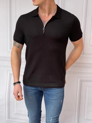 Modefendicom Slim Fit Örme Kumaş Fermuar Detaylı Polo Yaka Tshırt