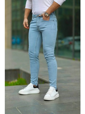 Modamesto Erkek Buz Mavi Slim Fit Likralı Dar Paça Lazerli Kot Pantolon