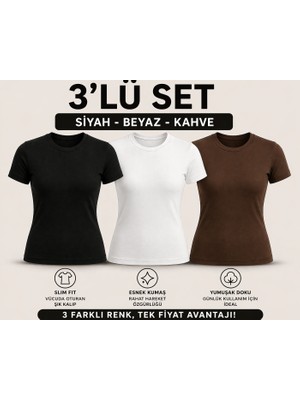 MEYMERS 3’lü Kadın Basic Tişört Seti Slim Fit Esnek Kumaş Günlük Kullanım (Fırsat Seti)