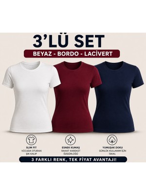 MEYMERS 3’lü Kadın Basic Tişört Seti Slim Fit Esnek Kumaş Günlük Kullanım (Fırsat Seti)