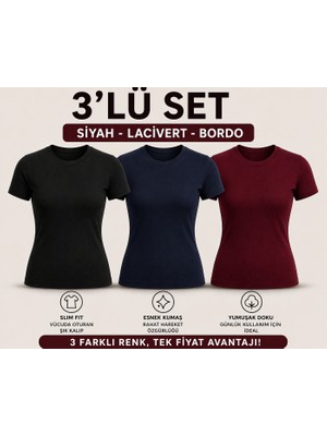 MEYMERS 3’lü Kadın Basic Tişört Seti Slim Fit Esnek Kumaş Günlük Kullanım (Fırsat Seti)