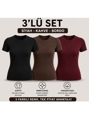 MEYMERS 3’lü Kadın Basic Tişört Seti Slim Fit Esnek Kumaş Günlük Kullanım (Fırsat Seti)