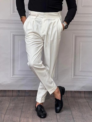 Modefendicom Kuşak Toka Detaylı Kuş Gözü Desen Pileli Pantolon