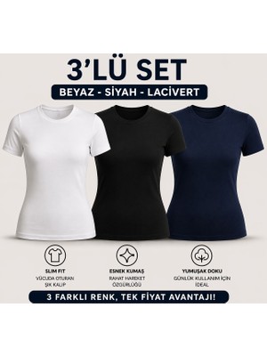 MEYMERS 3’lü Kadın Basic Tişört Seti Slim Fit Esnek Kumaş Günlük Kullanım (Fırsat Seti)