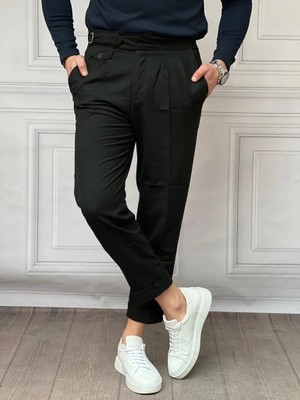 Modefendicom Kuşak Toka Detaylı Kuş Gözü Desen Pileli Pantolon