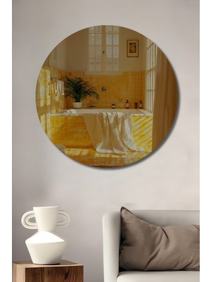Özgürce Sarı Mozaik Banyo Sulu Boya Görünümlü Ahşap Yuvarlak Duvar Tablosu