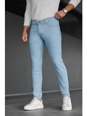 Modamesto Erkek Buz Mavi Slim Fit Likralı Jean Pantolon