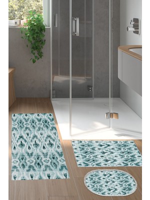 PremiumPort Turkuaz Renkli 3'lü Banyo Takımı, Yıldız Desenli, Kaymaz Taban, Oval Tasarım