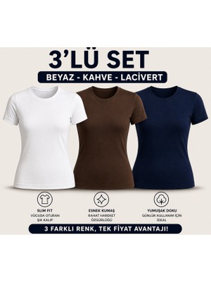 MEYMERS 3’lü Kadın Basic Tişört Seti Slim Fit Esnek Kumaş Günlük Kullanım (Fırsat Seti)