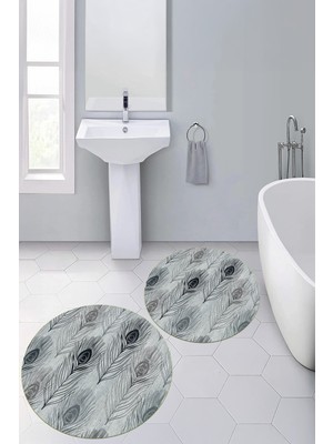 PremiumPort Yıkanabilir Çiçekli Yuvarlak Banyo Paspası 2'li Set