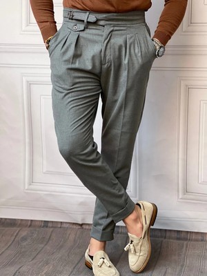 Modefendicom Kuşak Toka Detaylı Kuş Gözü Desen Pileli Pantolon