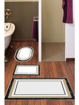 PremiumPort Yıkanabilir Kaymaz Taban Banyo Paspas Seti 3'lü, Krem, Bordürlü, Eko Trend