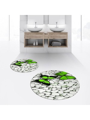 PremiumPort Yıkanabilir Dijital Baskılı Yuvarlak Banyo Paspası ve Klozet Takımı