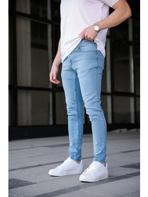 Modamesto Erkek Açık Mavi Slim Fit Likralı Jean Pantolon