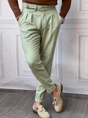 Modefendicom Kuşak Toka Detaylı Kuş Gözü Desen Pileli Pantolon