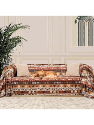 Sprout Store Boho Etnik Desenli Mikrofiber Koltuk Örtüsü ve Şalı, Kaymaz Toprak 180X300 cm