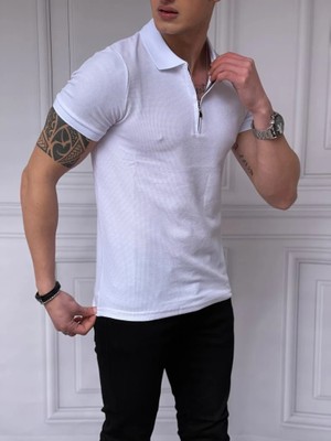 Modefendicom Slim Fit Örme Kumaş Fermuar Detaylı Polo Yaka Tshırt