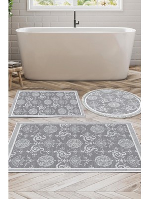 PremiumPort Modern 3'lü Banyo Paspas Takımı, Keçe Kaymaz Taban, Yuvarlak, Gri