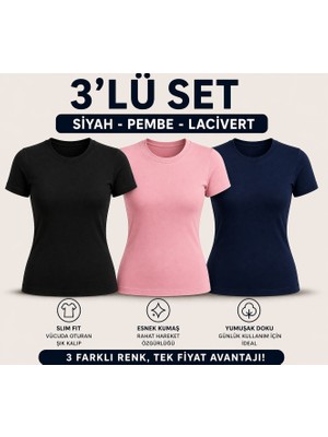 MEYMERS 3’lü Kadın Basic Tişört Seti Slim Fit Esnek Kumaş Günlük Kullanım (Fırsat Seti)
