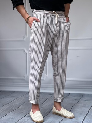 Modefendicom Linen Kumaş Çizgi Detaylı Pantolon