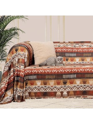 Sprout Store Boho Etnik Desenli Mikrofiber Koltuk Örtüsü ve Şalı, Kaymaz TOPRAK180X220 cm